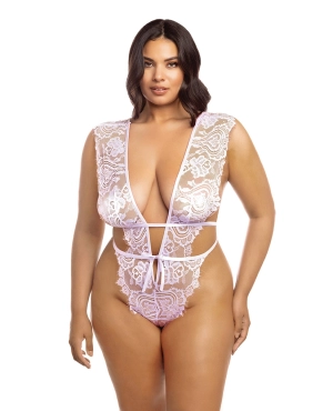Oh la la Cheri Curvy Imani Eyelash Lace Soft Cup High Leg Teddy Pink Tulle
