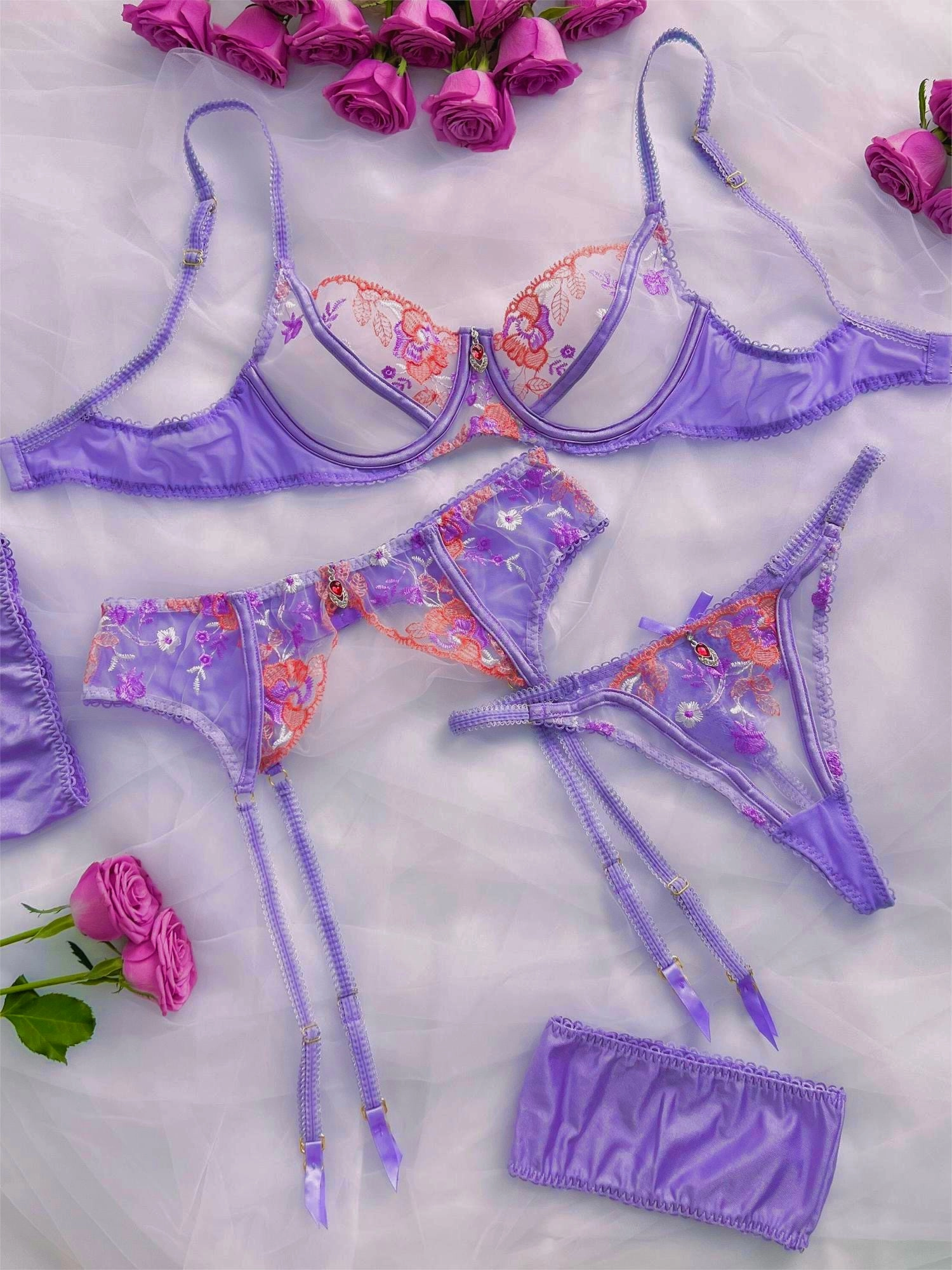 Purple Luxury Mesh See Through 3pc Lingerie Set