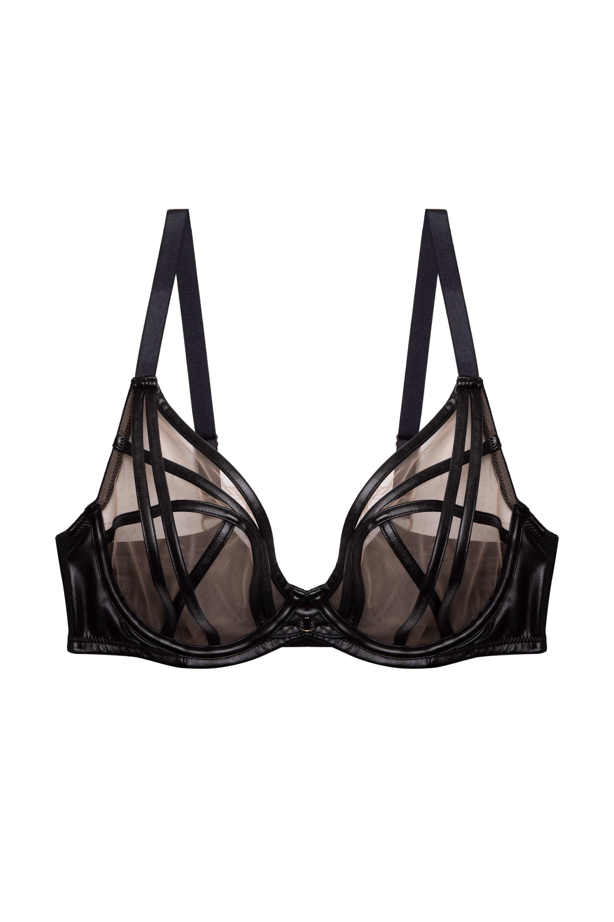 Ramona Black Leatherette Strap Detail Illusion Mesh Bra