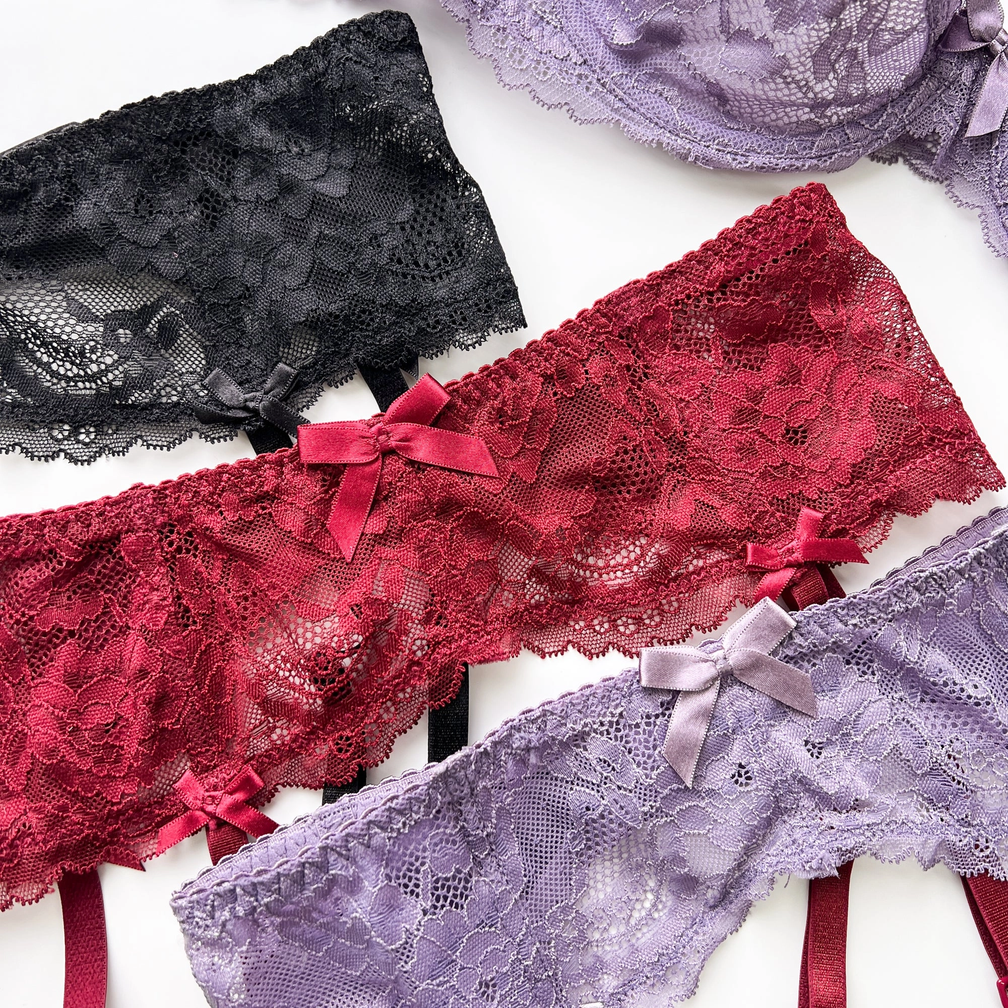 Sexy Purple Floral Lace Trim Garter Lingerie