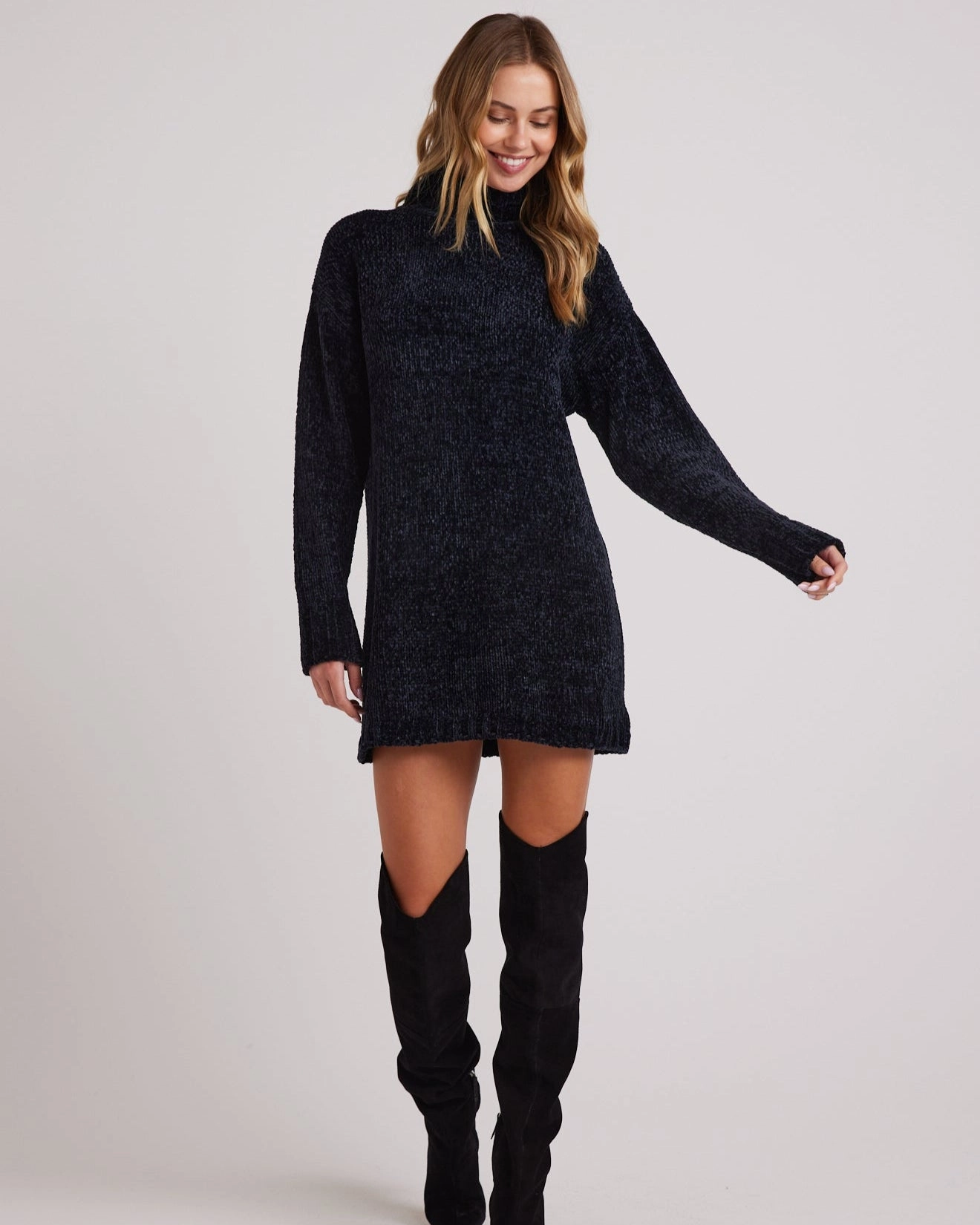 Turtle Neck Chenille Sweater Dress- Black