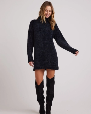 Turtle Neck Chenille Sweater Dress- Black