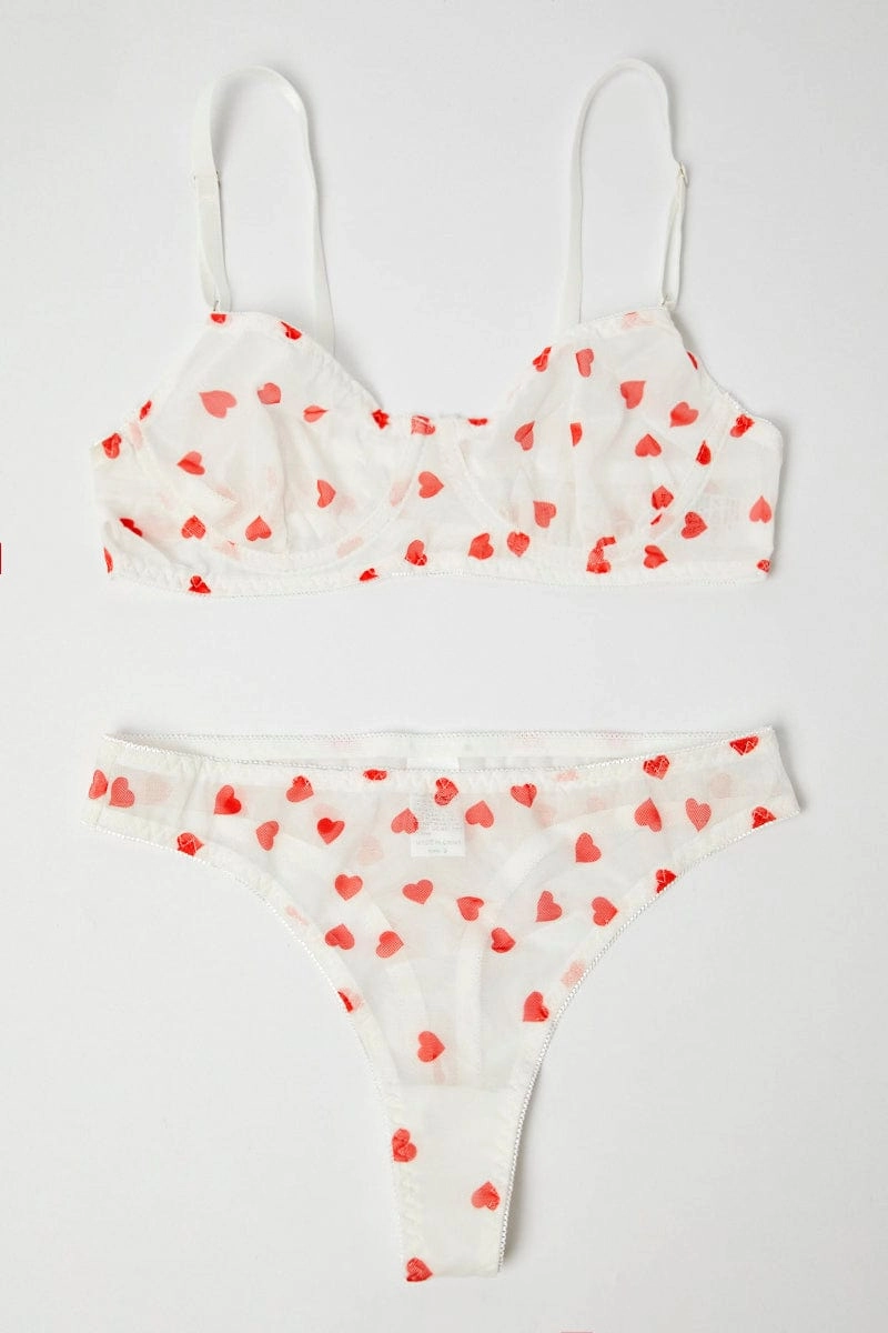 White Heart Print Mesh Lingerie Set