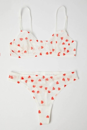 White Heart Print Mesh Lingerie Set