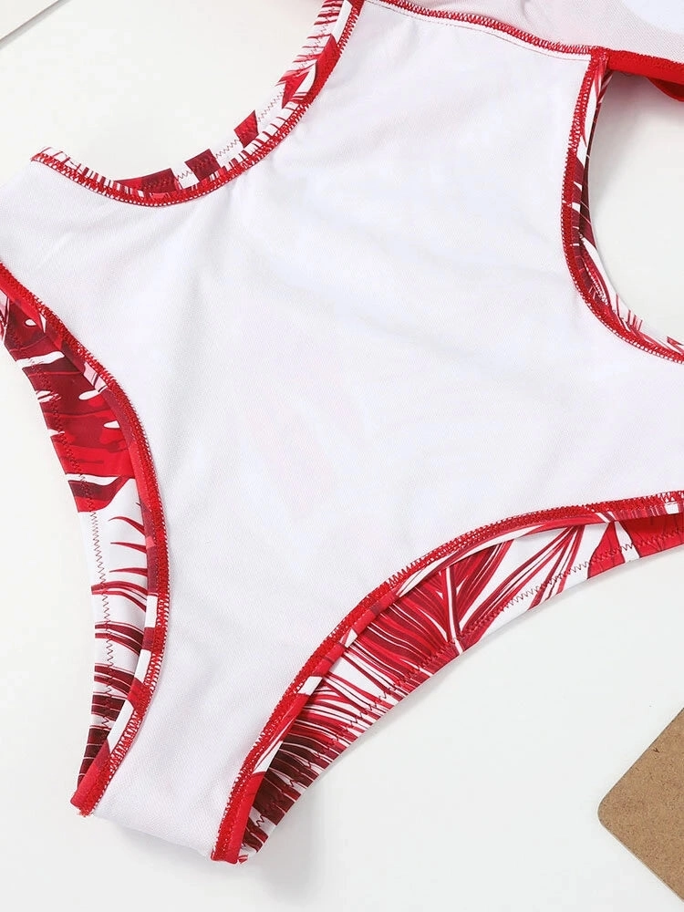 Women Splicing Tropical Plant Print Cut Out One Tie Back Piece