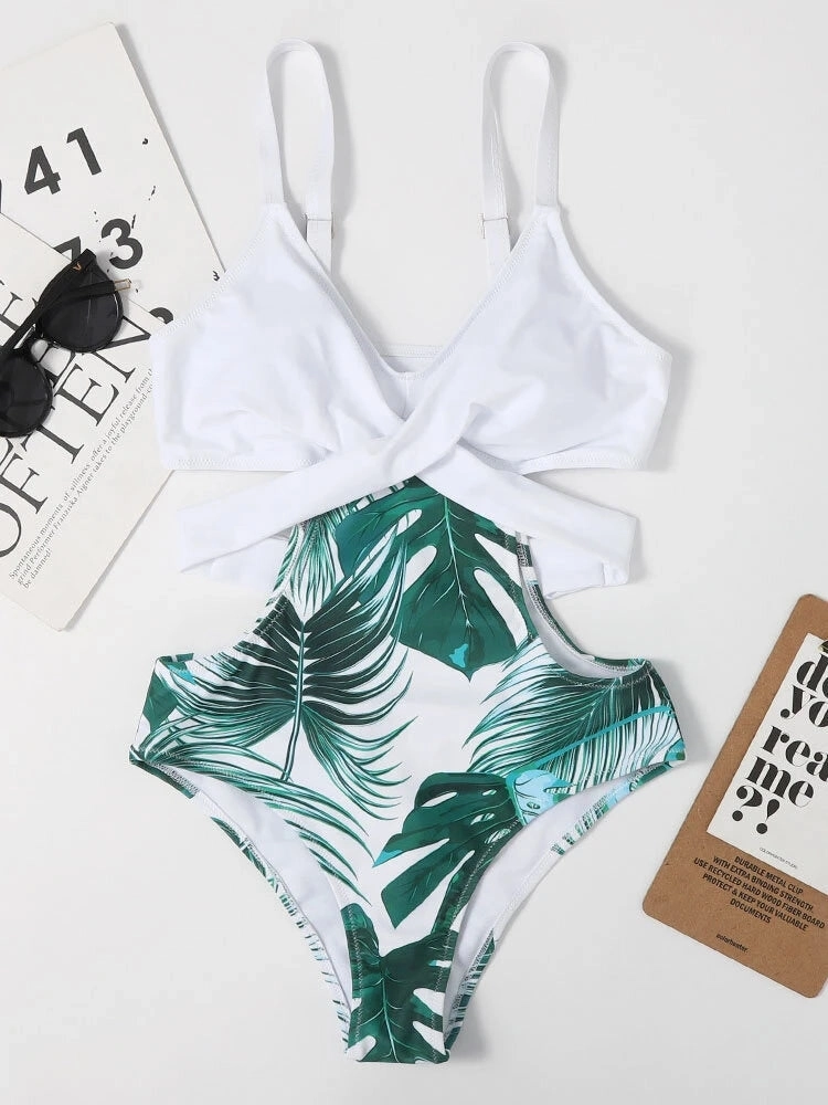 Women Splicing Tropical Plant Print Cut Out One Tie Back Piece