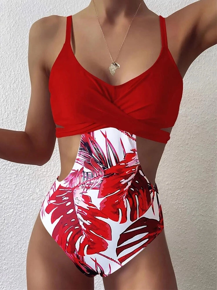 Women Splicing Tropical Plant Print Cut Out One Tie Back Piece