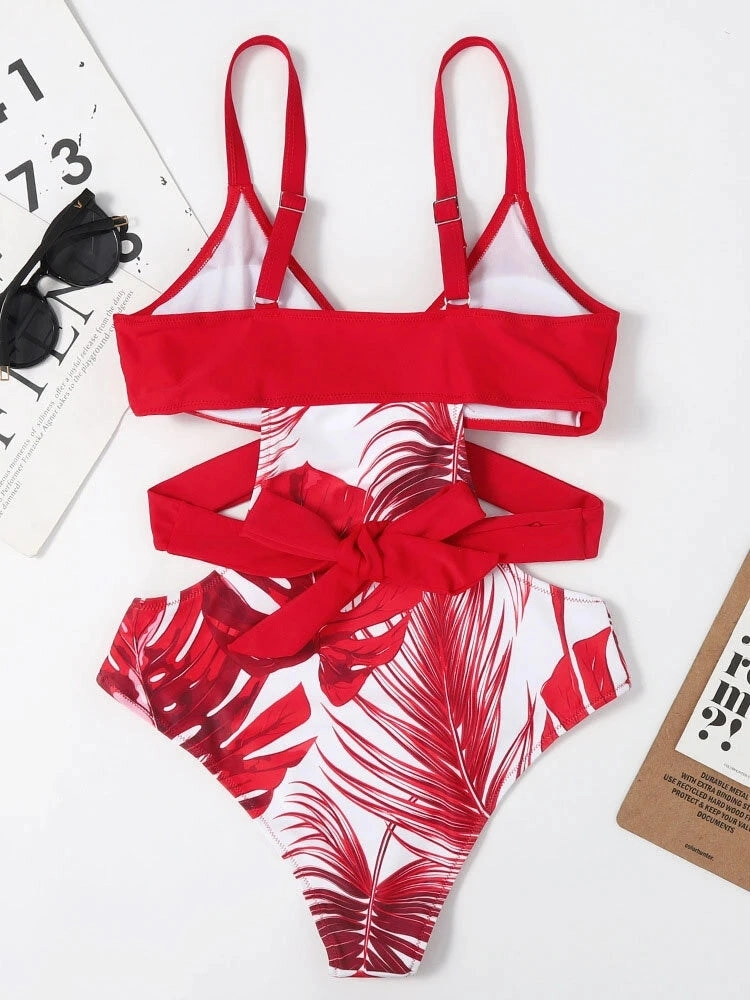 Women Splicing Tropical Plant Print Cut Out One Tie Back Piece