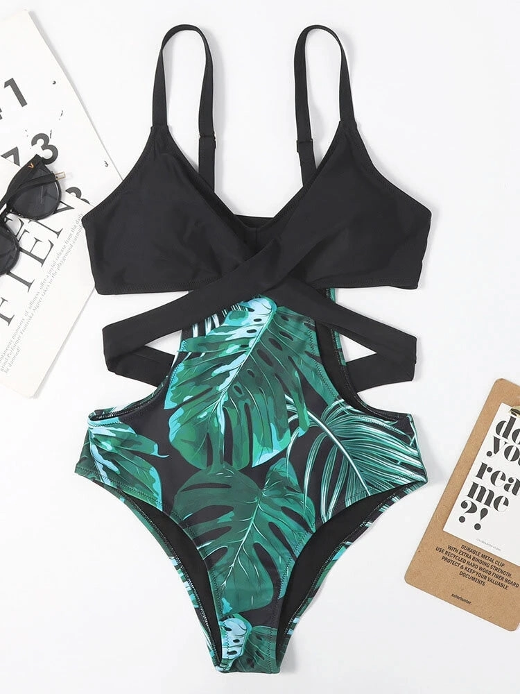 Women Splicing Tropical Plant Print Cut Out One Tie Back Piece